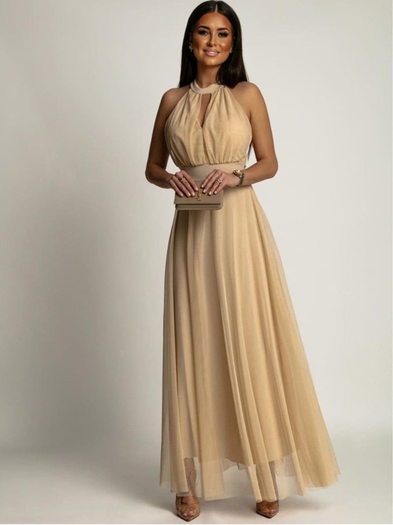 Elegantes Kleid mit Tüllboden, beige AZR156